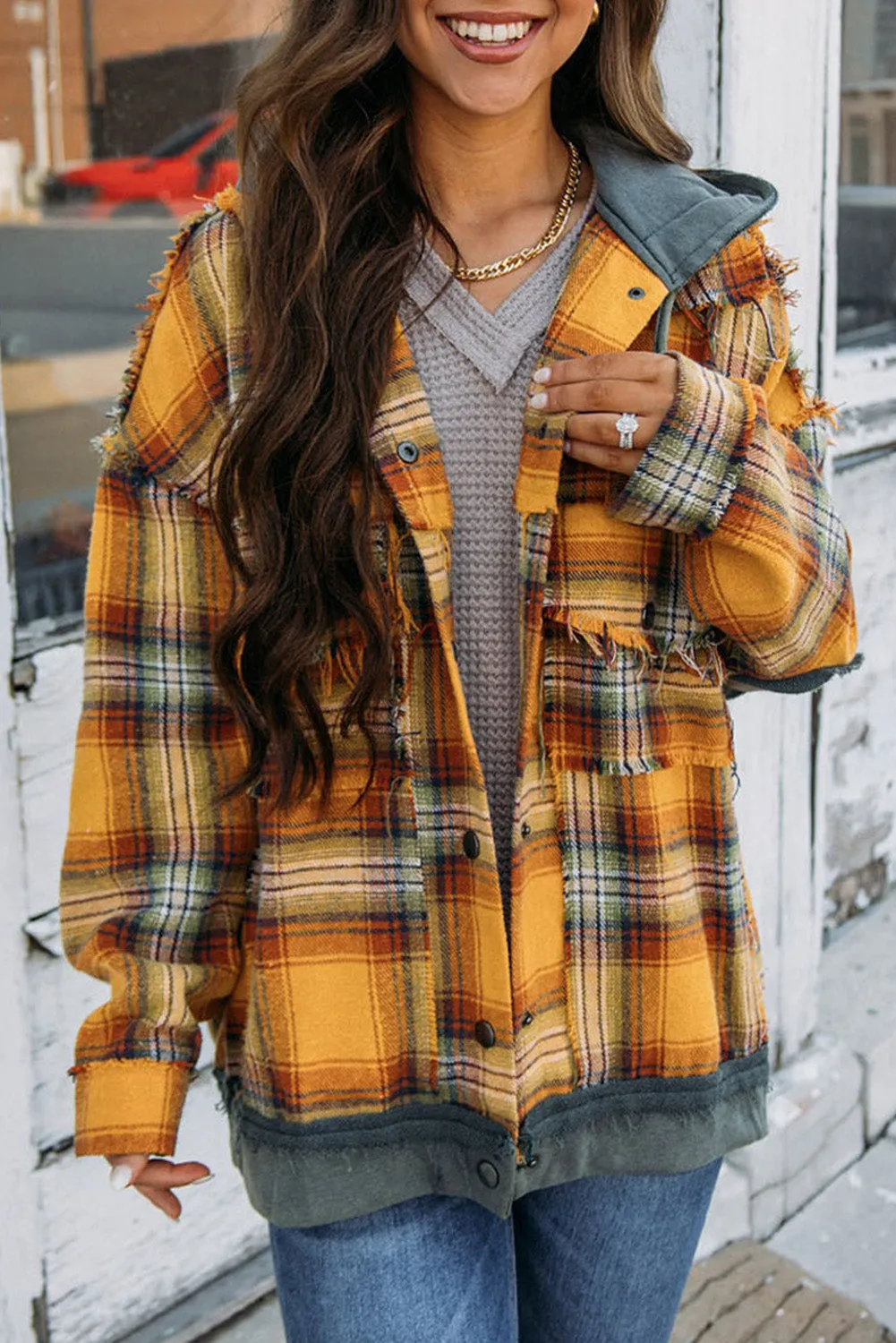 🔥 Plaid Patchwork Frayed Trim Snap Button Hooded Jacket 🔥