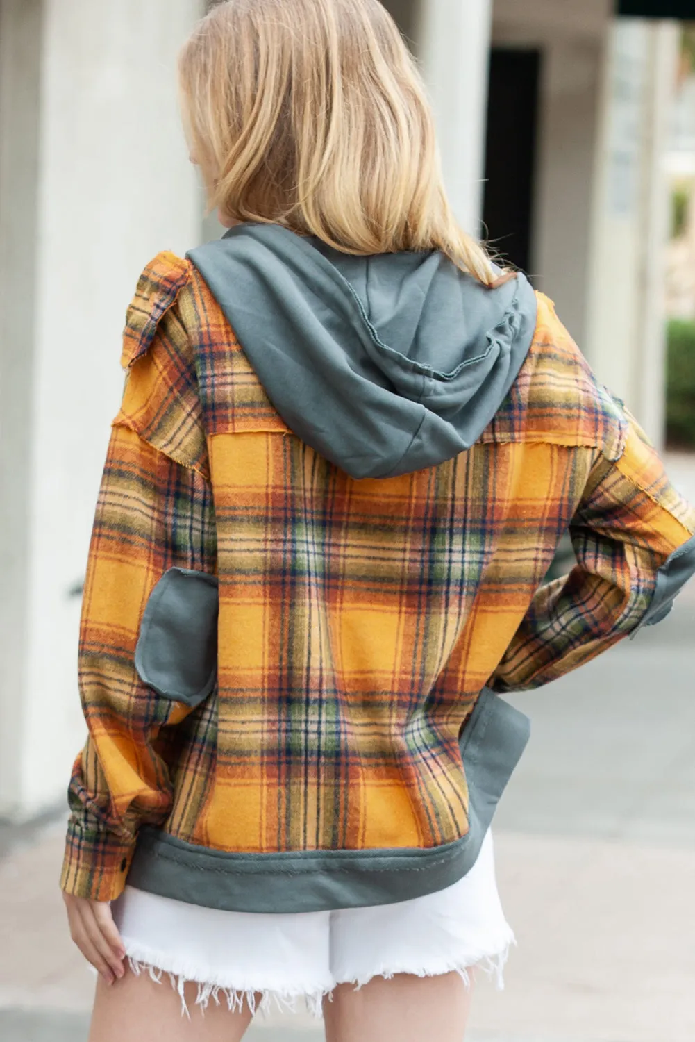 🔥 Plaid Patchwork Frayed Trim Snap Button Hooded Jacket 🔥