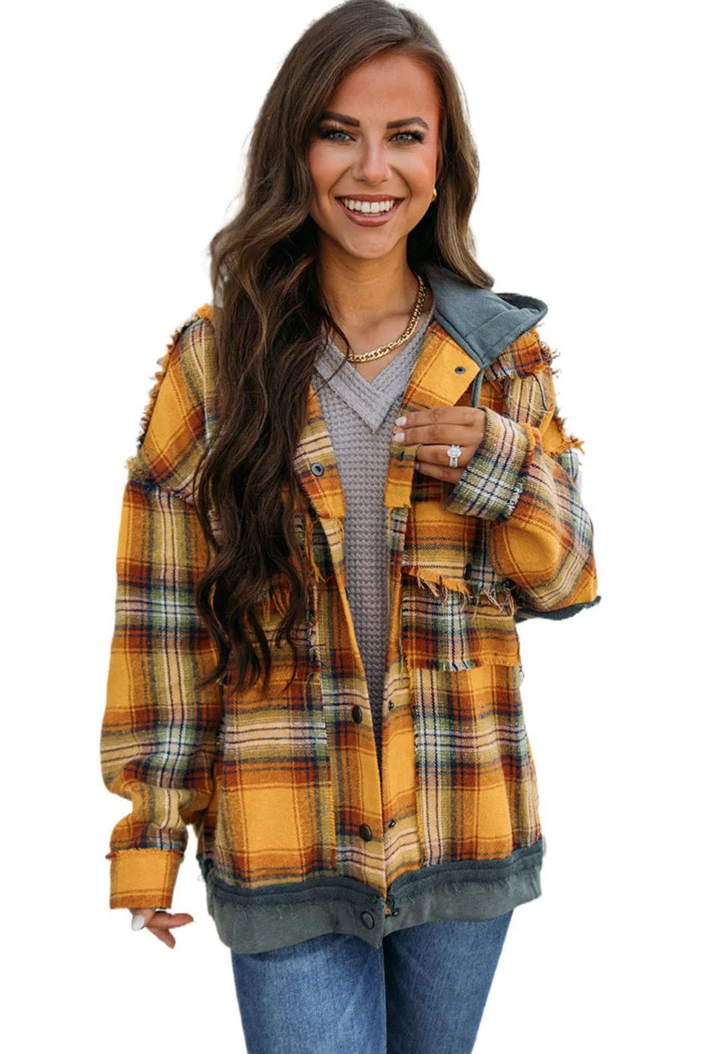 🔥 Plaid Patchwork Frayed Trim Snap Button Hooded Jacket 🔥