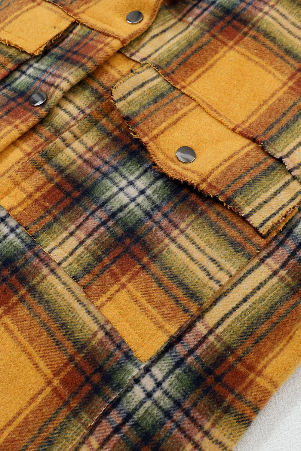 🔥 Plaid Patchwork Frayed Trim Snap Button Hooded Jacket 🔥