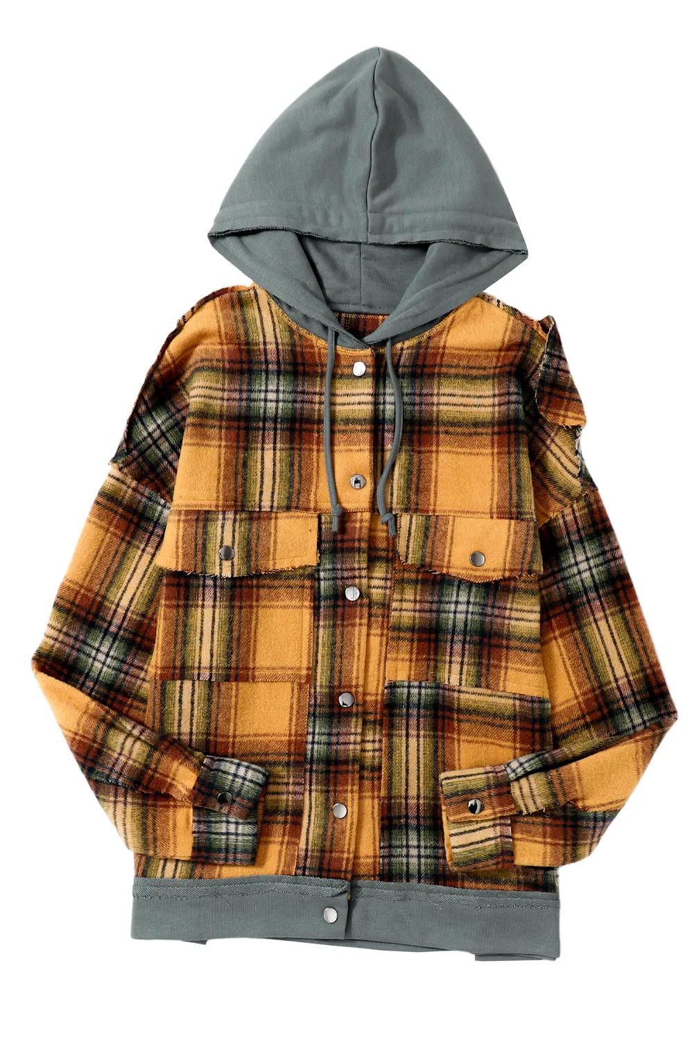 🔥 Plaid Patchwork Frayed Trim Snap Button Hooded Jacket 🔥