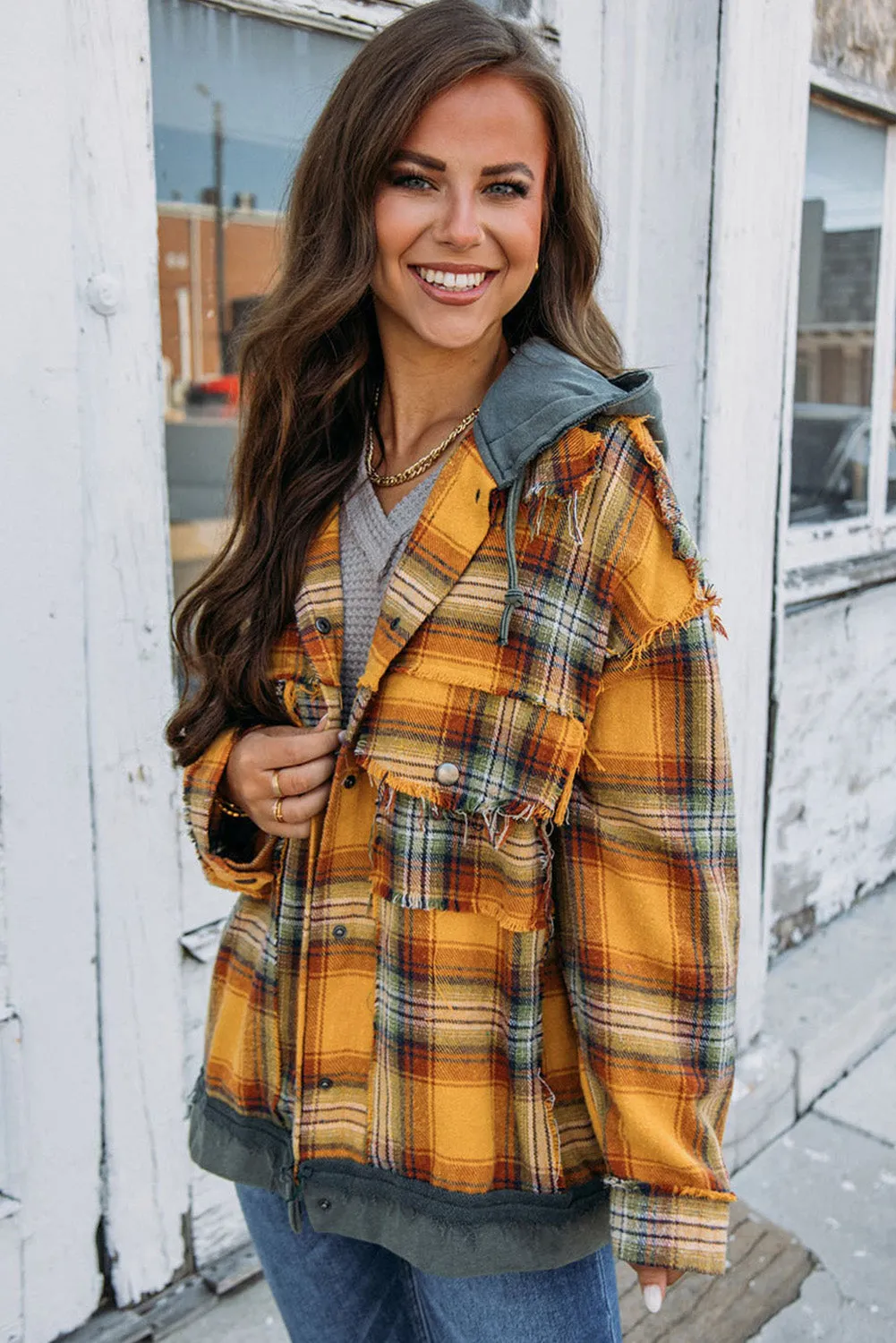 🔥 Plaid Patchwork Frayed Trim Snap Button Hooded Jacket 🔥
