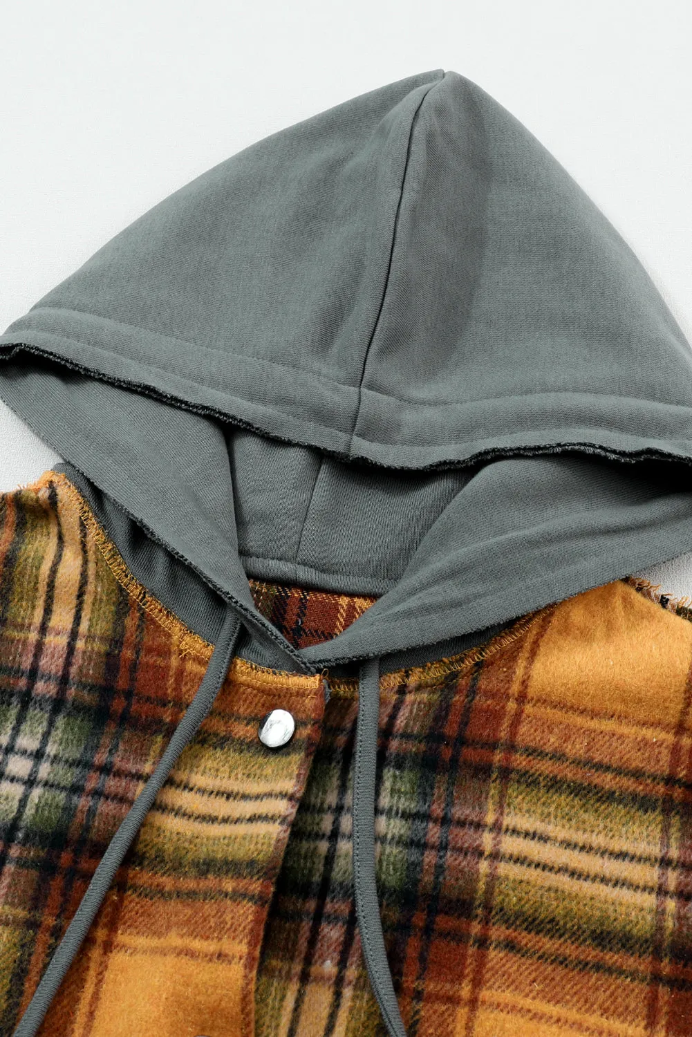 🔥 Plaid Patchwork Frayed Trim Snap Button Hooded Jacket 🔥