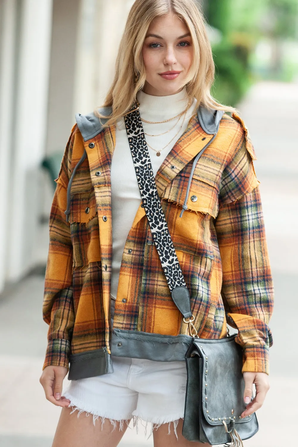 🔥 Plaid Patchwork Frayed Trim Snap Button Hooded Jacket 🔥