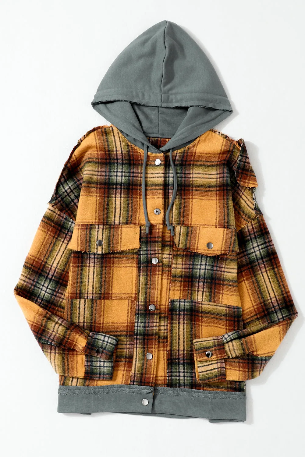 🔥 Plaid Patchwork Frayed Trim Snap Button Hooded Jacket 🔥