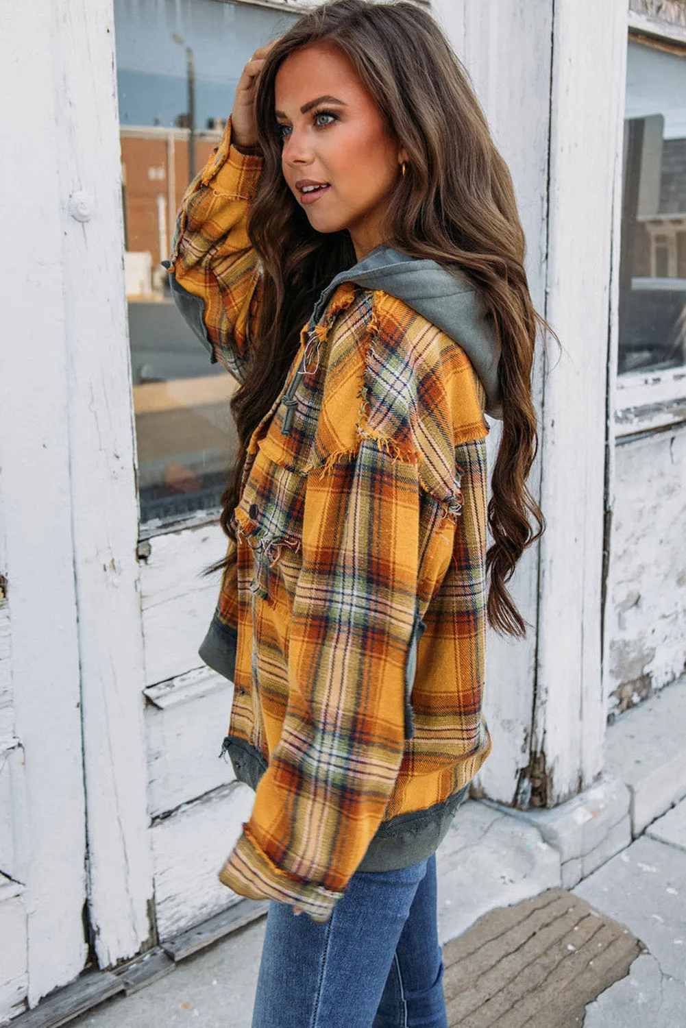 🔥 Plaid Patchwork Frayed Trim Snap Button Hooded Jacket 🔥