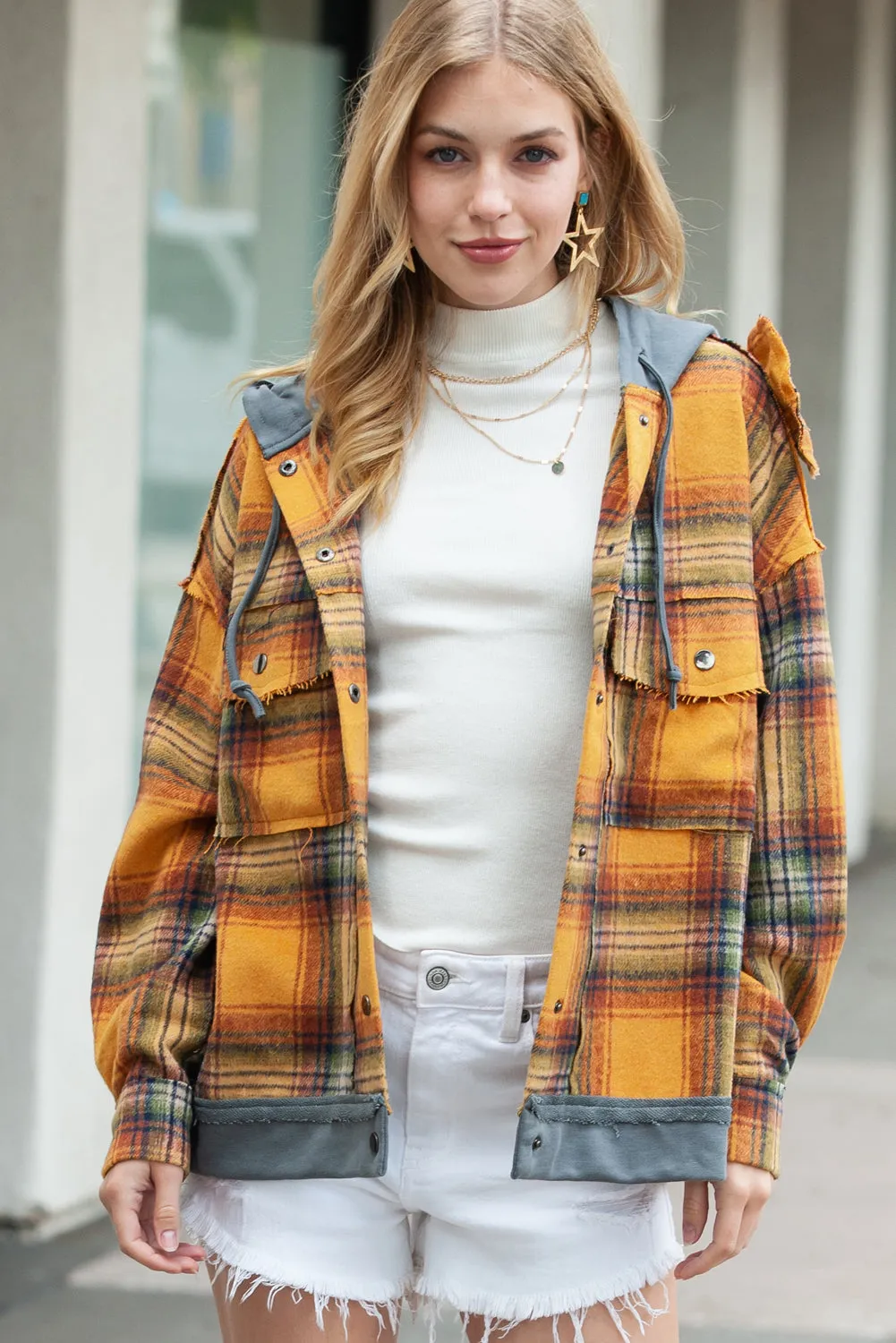🔥 Plaid Patchwork Frayed Trim Snap Button Hooded Jacket 🔥