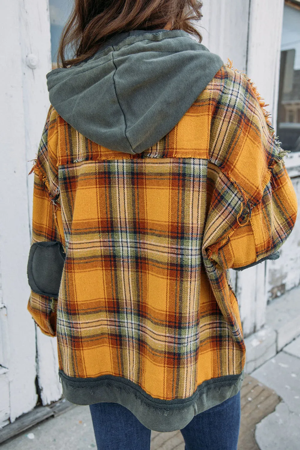 🔥 Plaid Patchwork Frayed Trim Snap Button Hooded Jacket 🔥