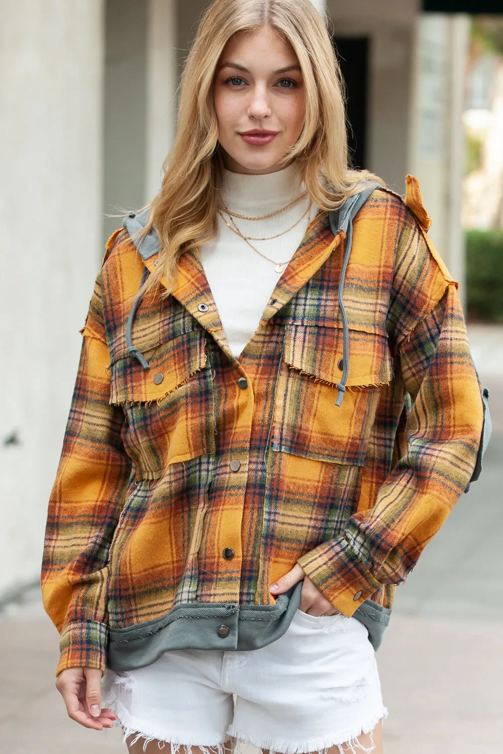 🔥 Plaid Patchwork Frayed Trim Snap Button Hooded Jacket 🔥