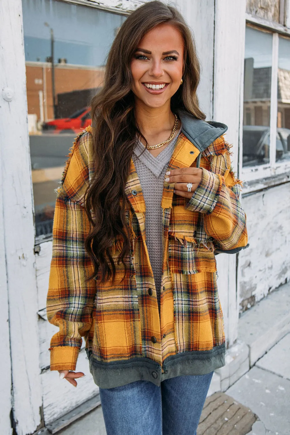 🔥 Plaid Patchwork Frayed Trim Snap Button Hooded Jacket 🔥
