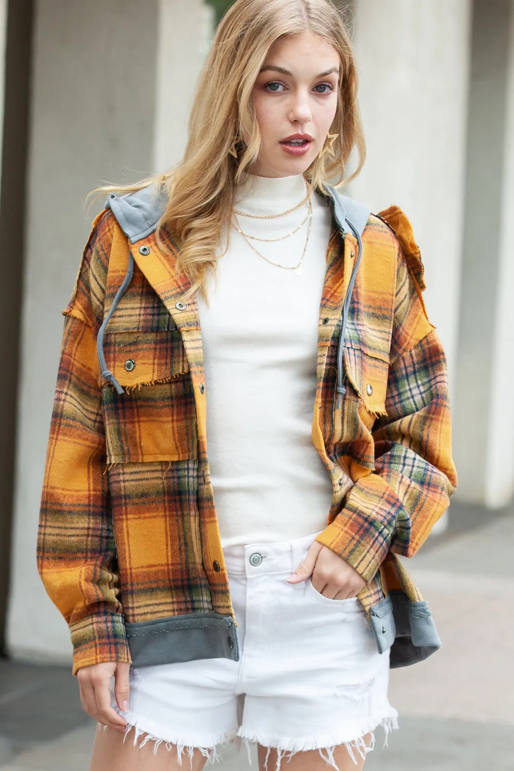 🔥 Plaid Patchwork Frayed Trim Snap Button Hooded Jacket 🔥