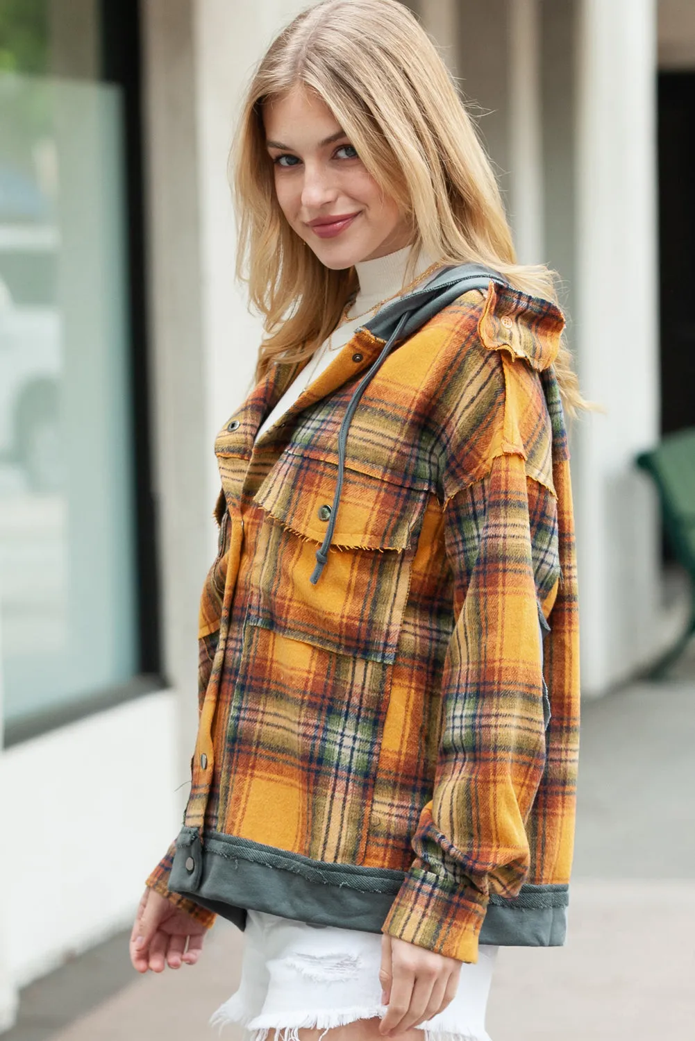 🔥 Plaid Patchwork Frayed Trim Snap Button Hooded Jacket 🔥