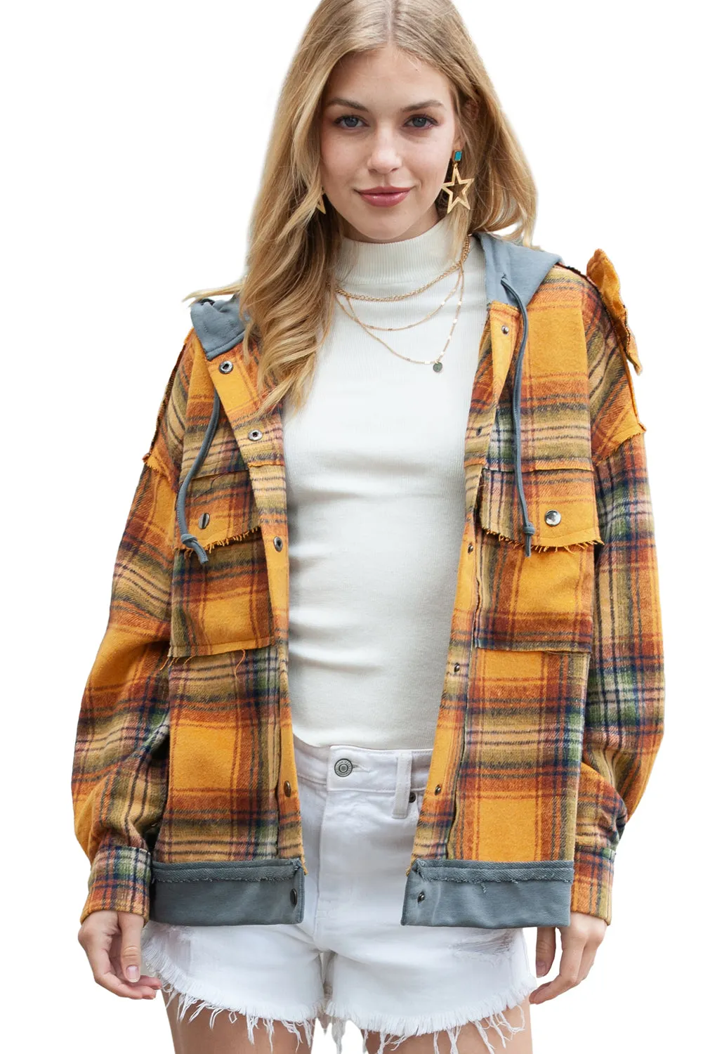 🔥 Plaid Patchwork Frayed Trim Snap Button Hooded Jacket 🔥