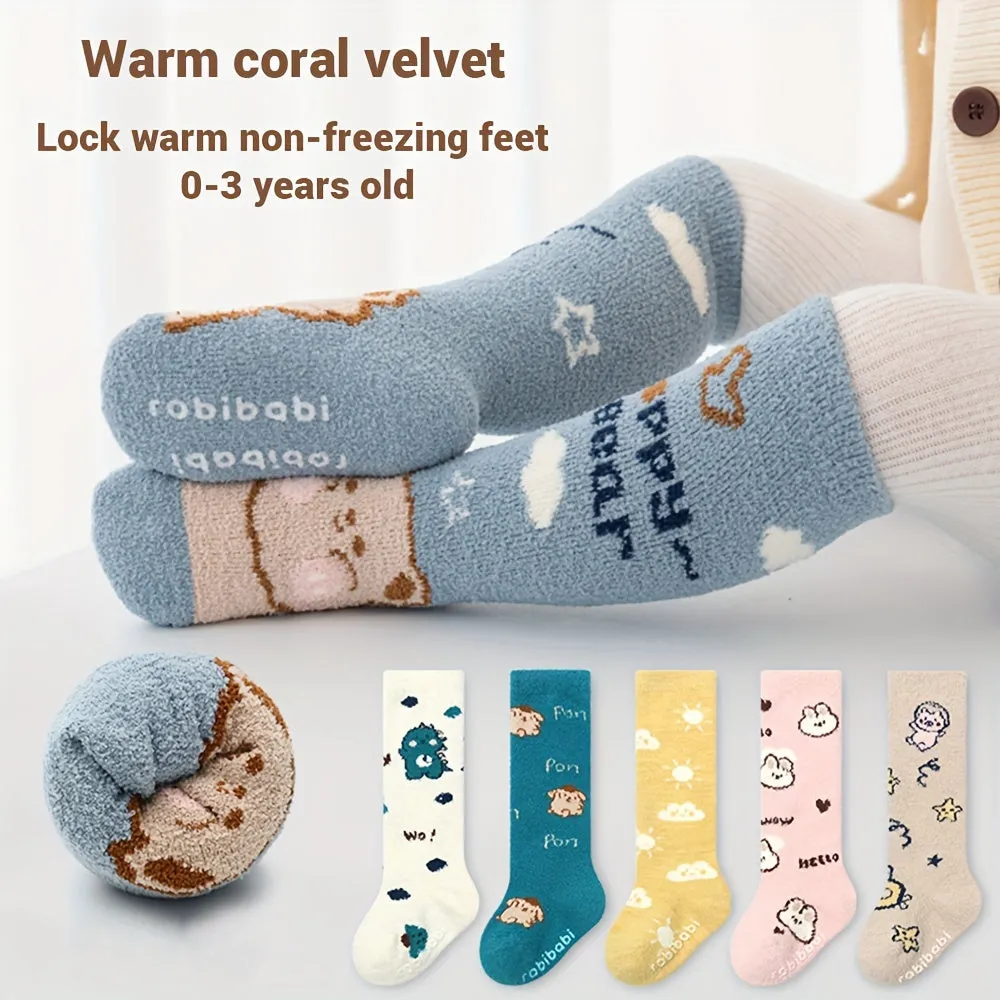 2 Pairs Super Thick Winter High Crew Baby Sleeping Socks Infant And Toddler Warm Point Glue Floor Socks Coral Velvet Tube Socks