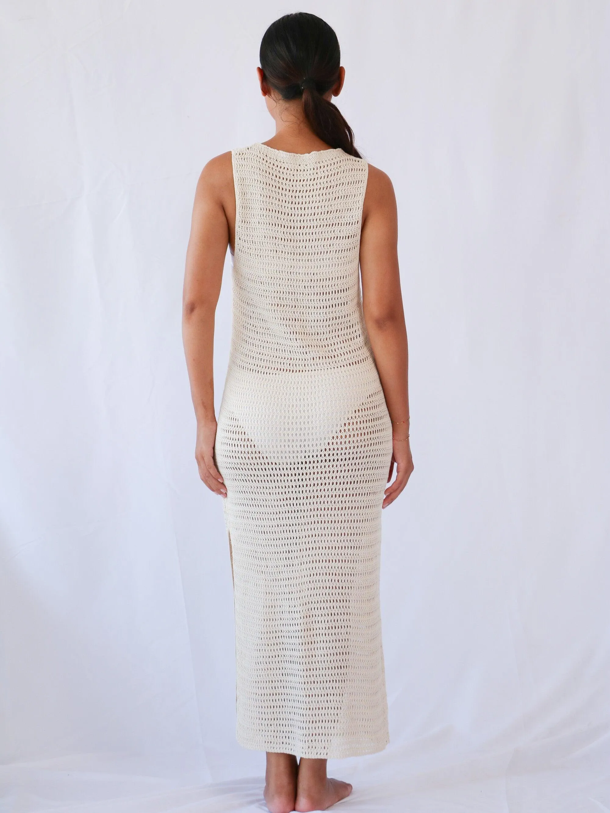 Alisa Crochet Midi Dress in Beige