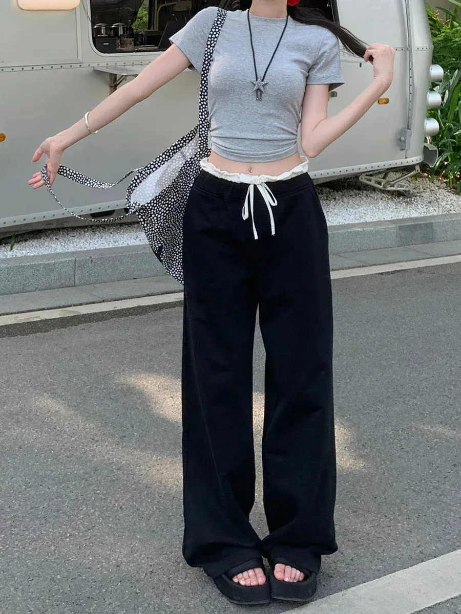 Baggy Elastic Contrast Joggers Oversize Sports Leg Casual Waist Wide Streetwear Pants