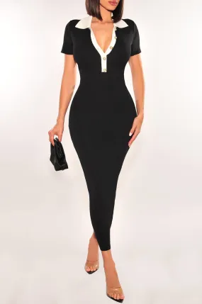 Black White Ribbed Short Sleeve Collared Button Up Dress