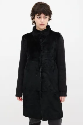 Black Wool Knit & Fur Coat