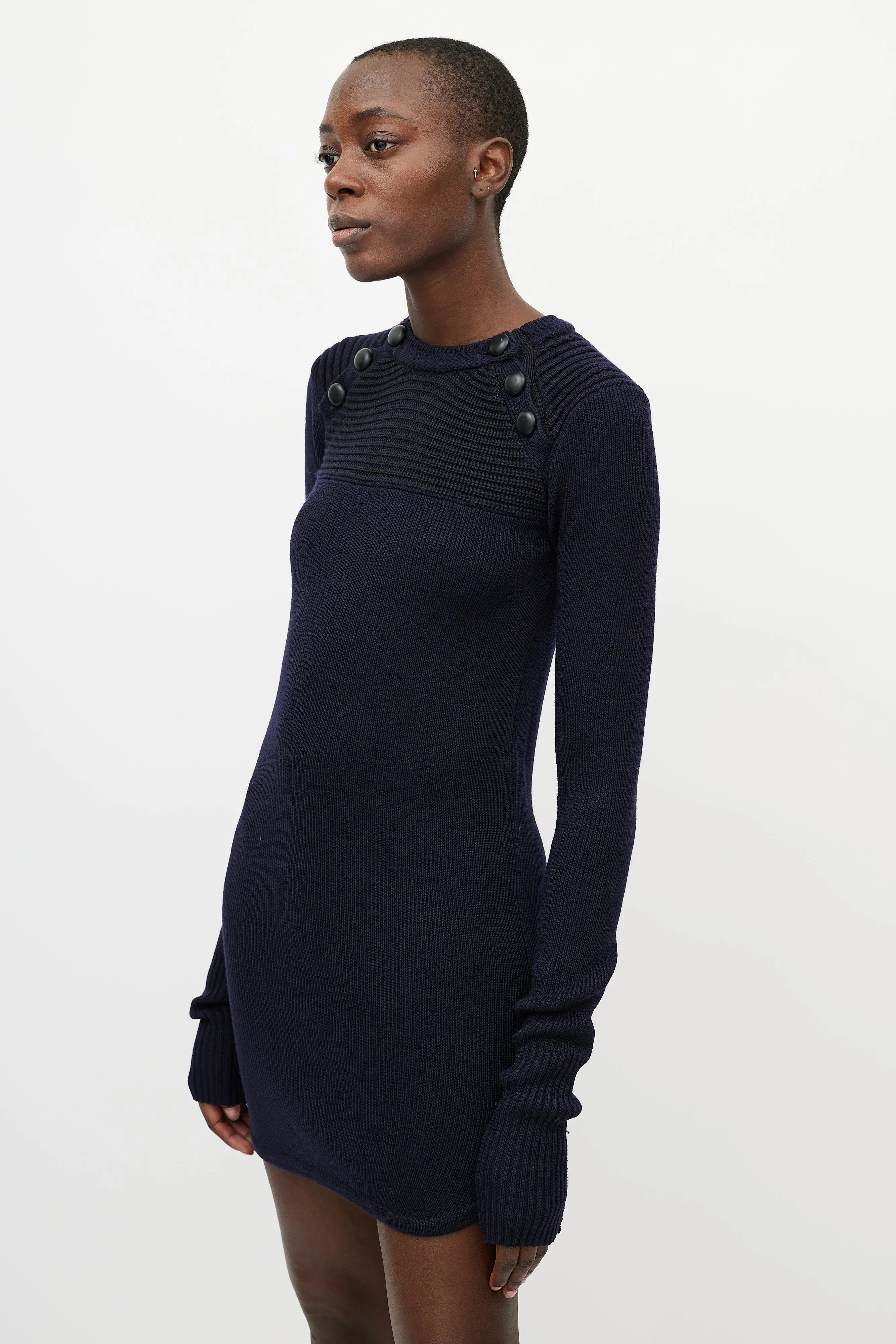 Blue Knit Button Sweater Dress
