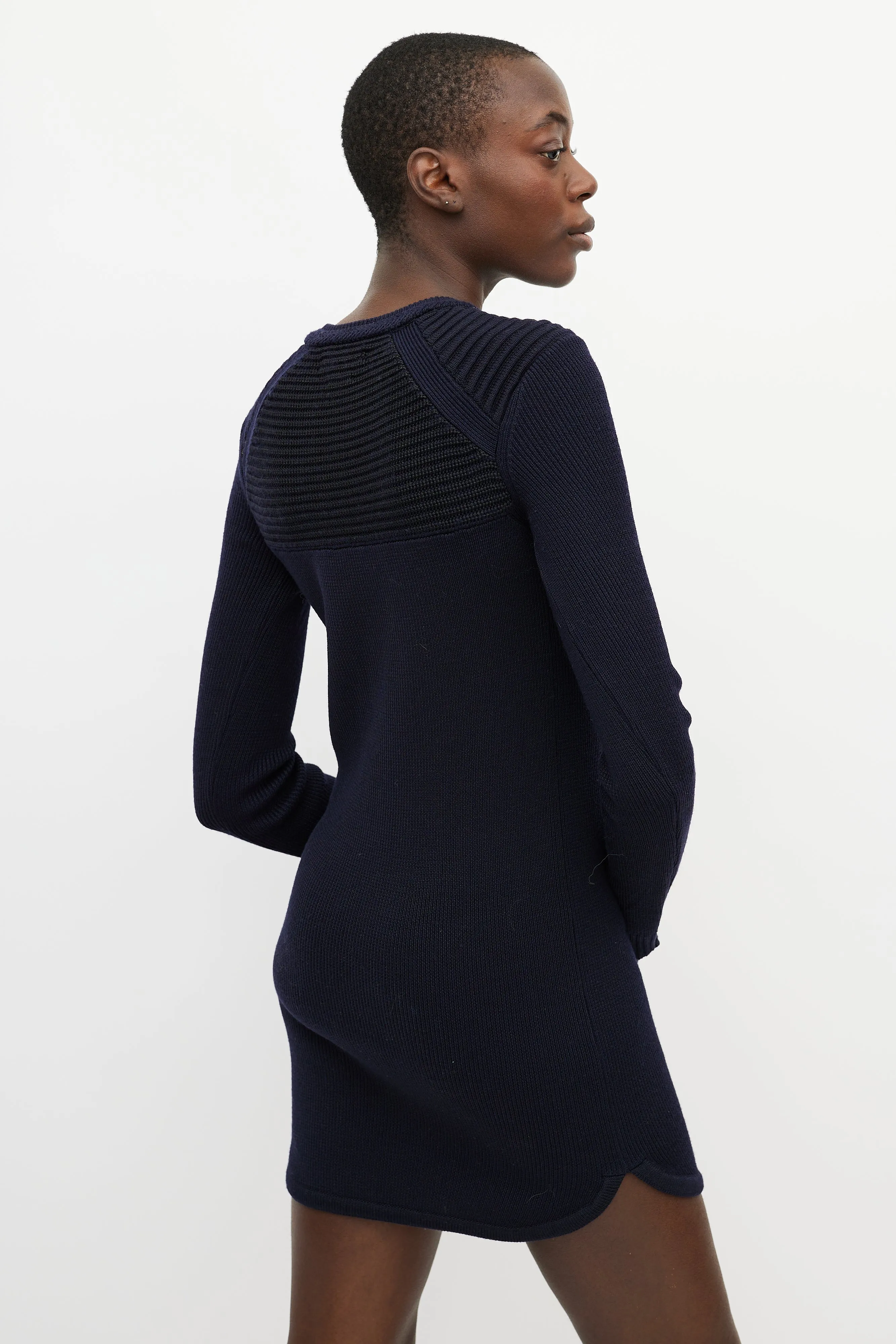 Blue Knit Button Sweater Dress