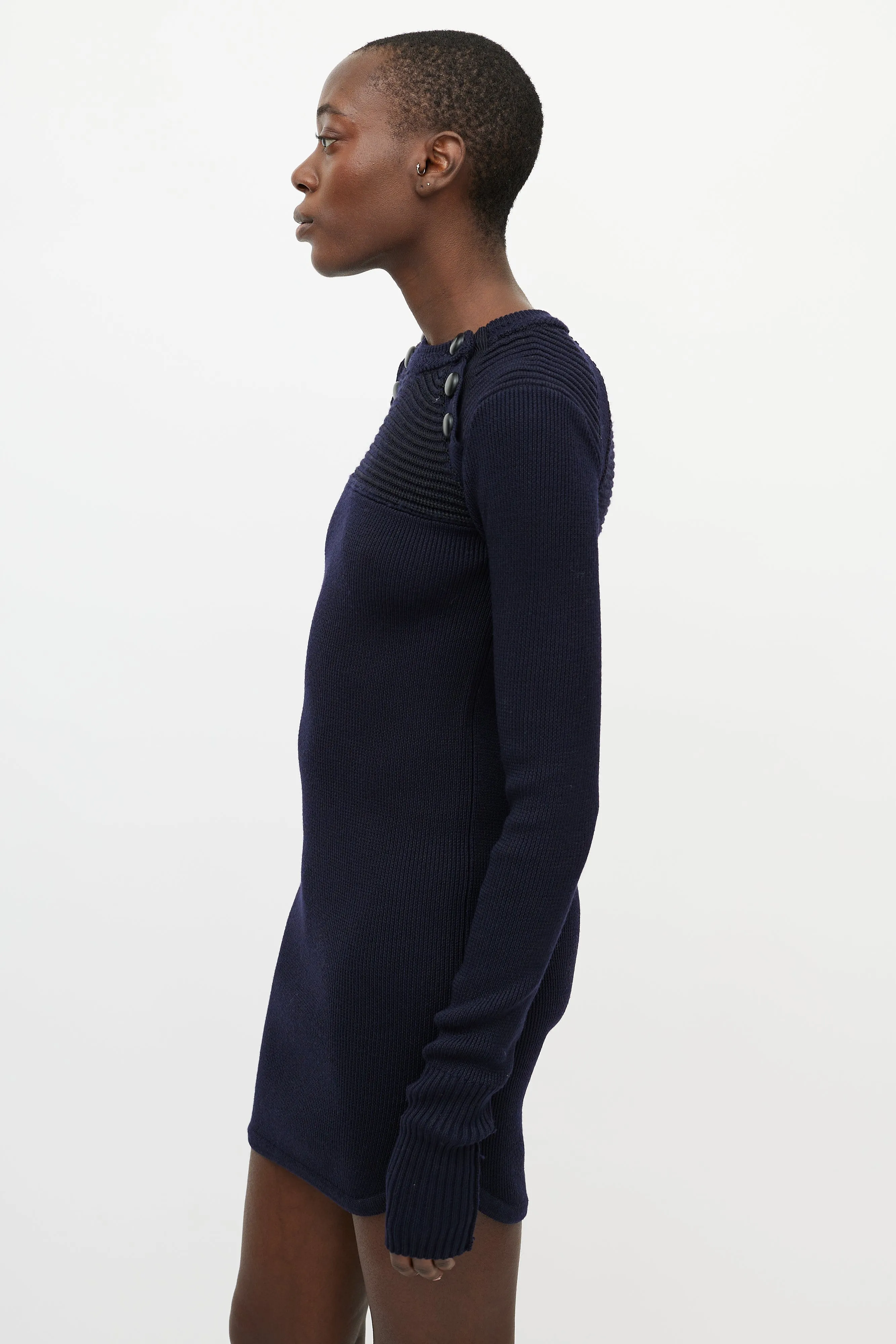 Blue Knit Button Sweater Dress