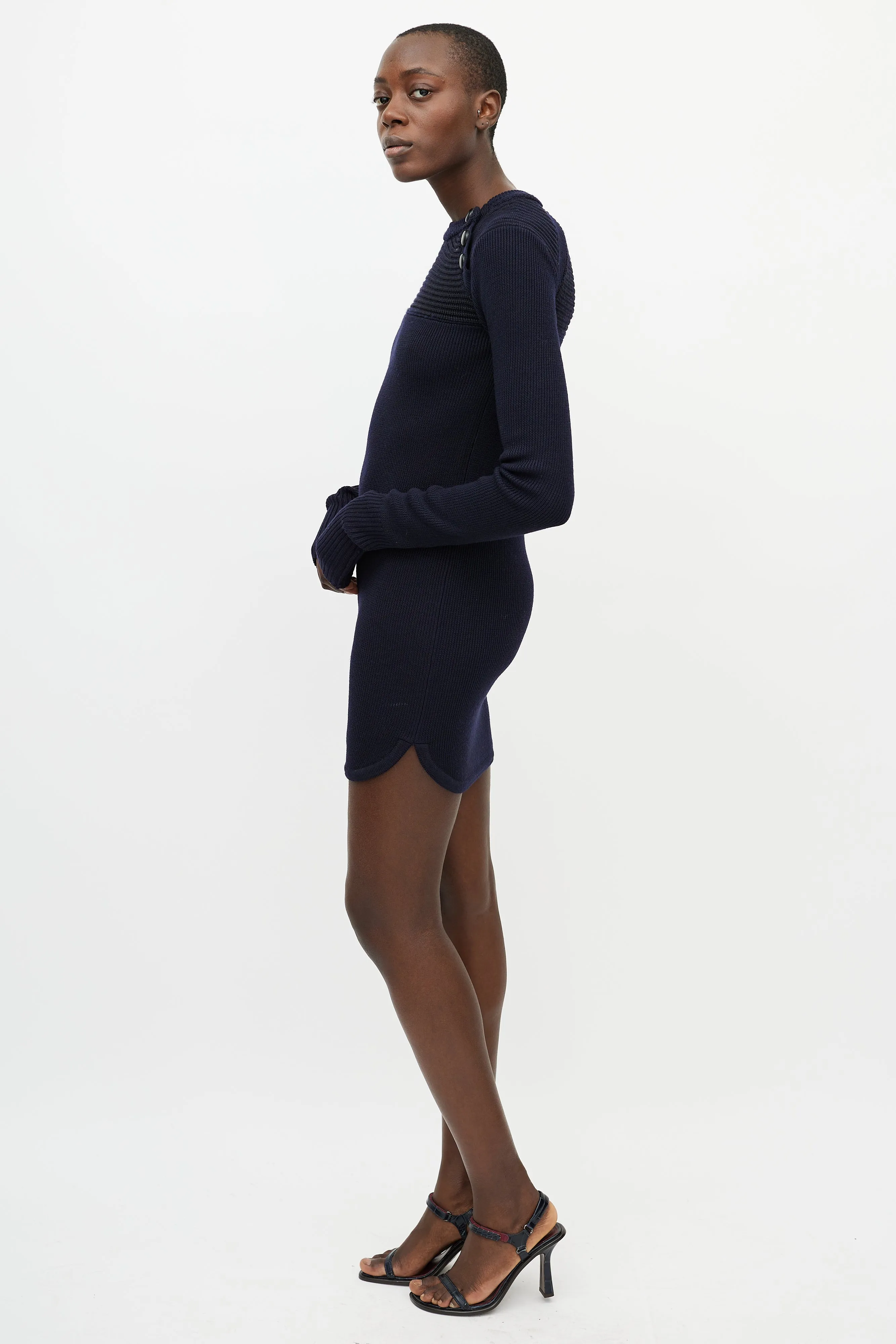 Blue Knit Button Sweater Dress