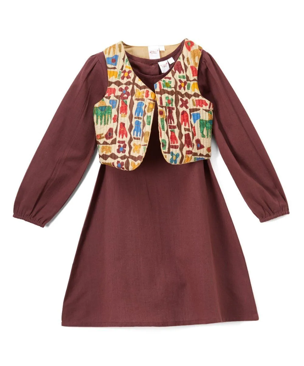 Burgundy Shift Dress and Off-White Quilted Abstract Animal Vest - 2pc.Set