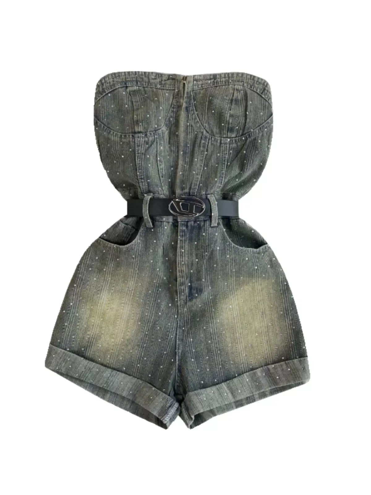 Chic Off-shoulder Sequined Denim Romper