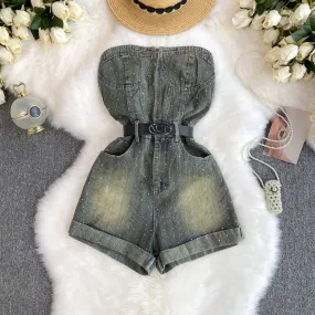 Chic Off-shoulder Sequined Denim Romper