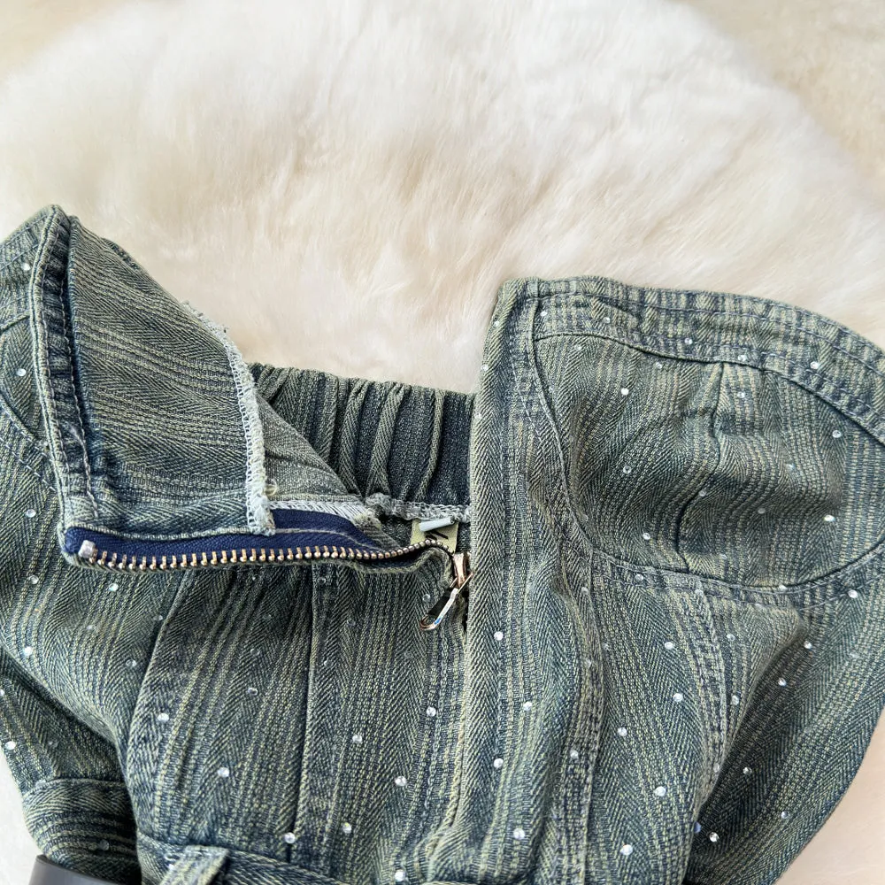 Chic Off-shoulder Sequined Denim Romper