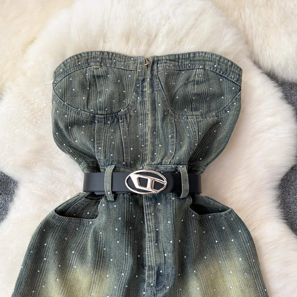 Chic Off-shoulder Sequined Denim Romper