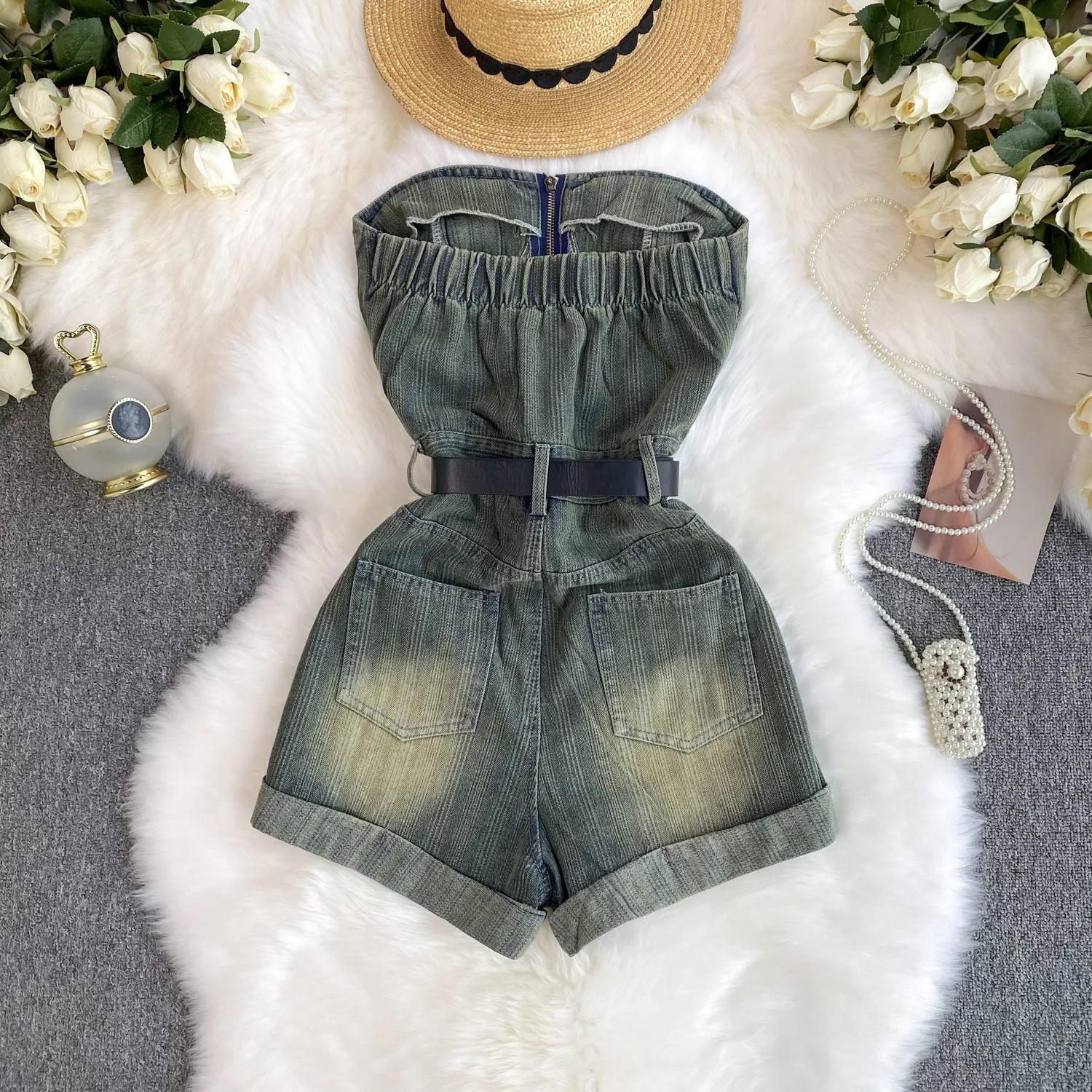 Chic Off-shoulder Sequined Denim Romper