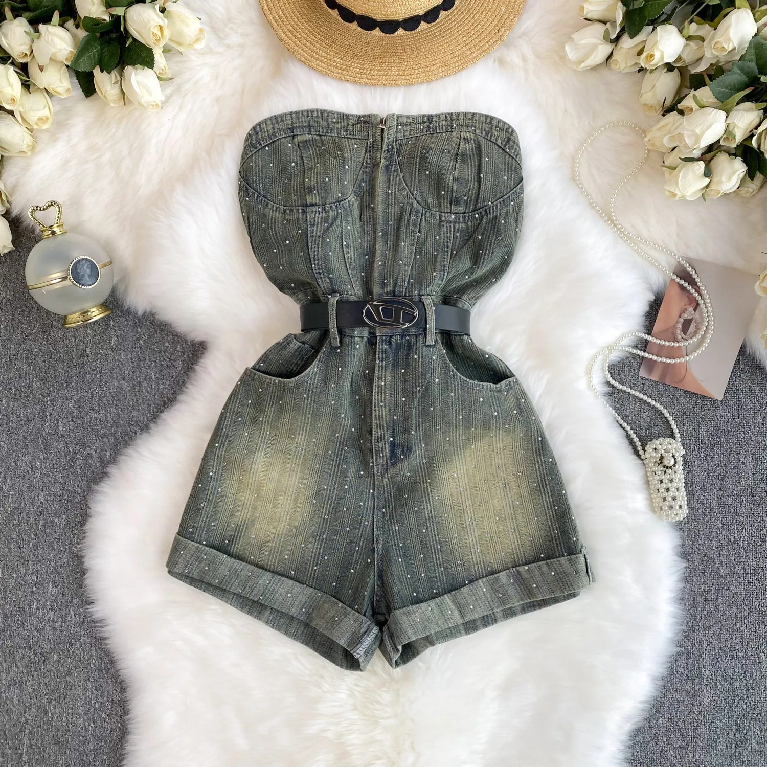 Chic Off-shoulder Sequined Denim Romper