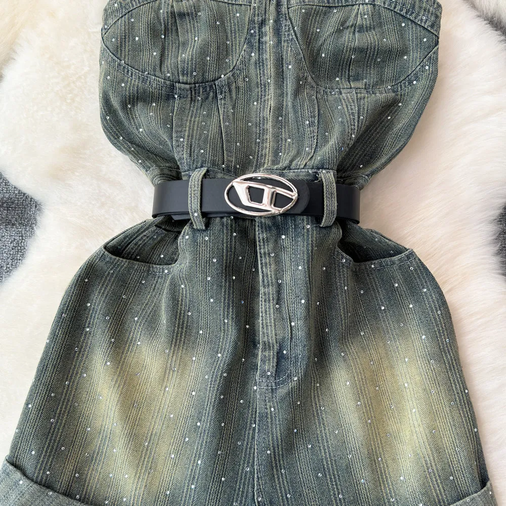 Chic Off-shoulder Sequined Denim Romper