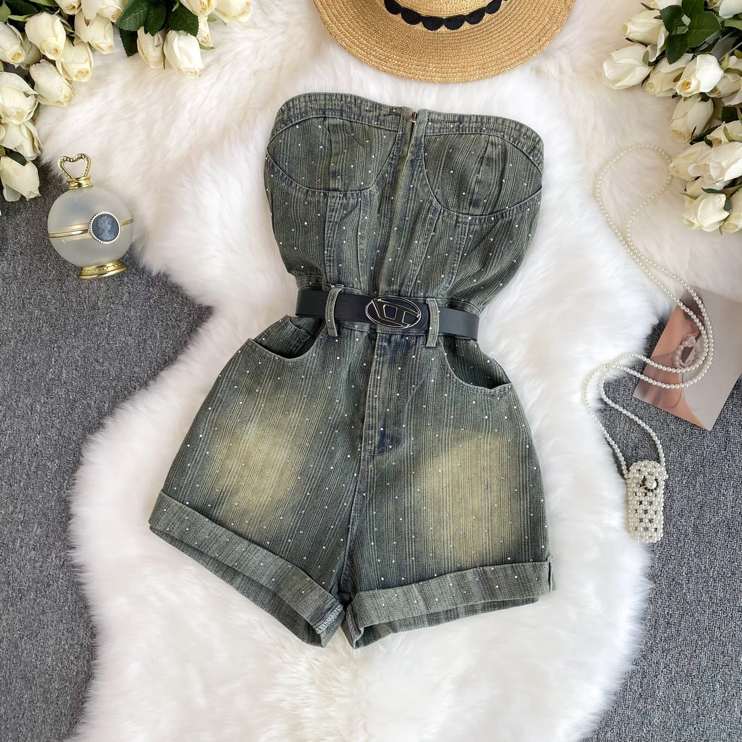 Chic Off-shoulder Sequined Denim Romper