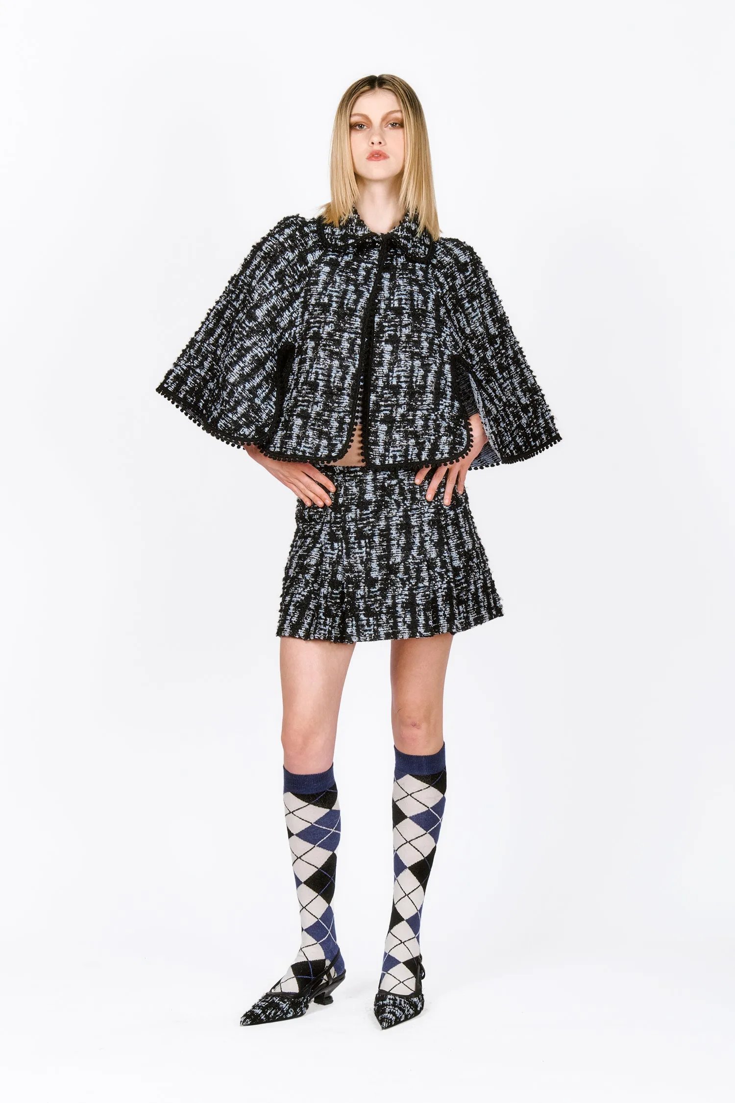 Cornflower Tweed Pleated Mini Skirt