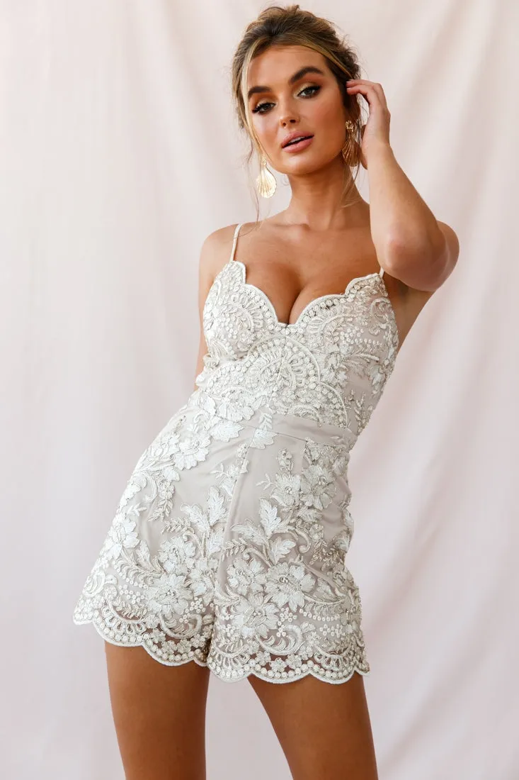 Delilah Embroidered Scalloped Hem Romper Beige