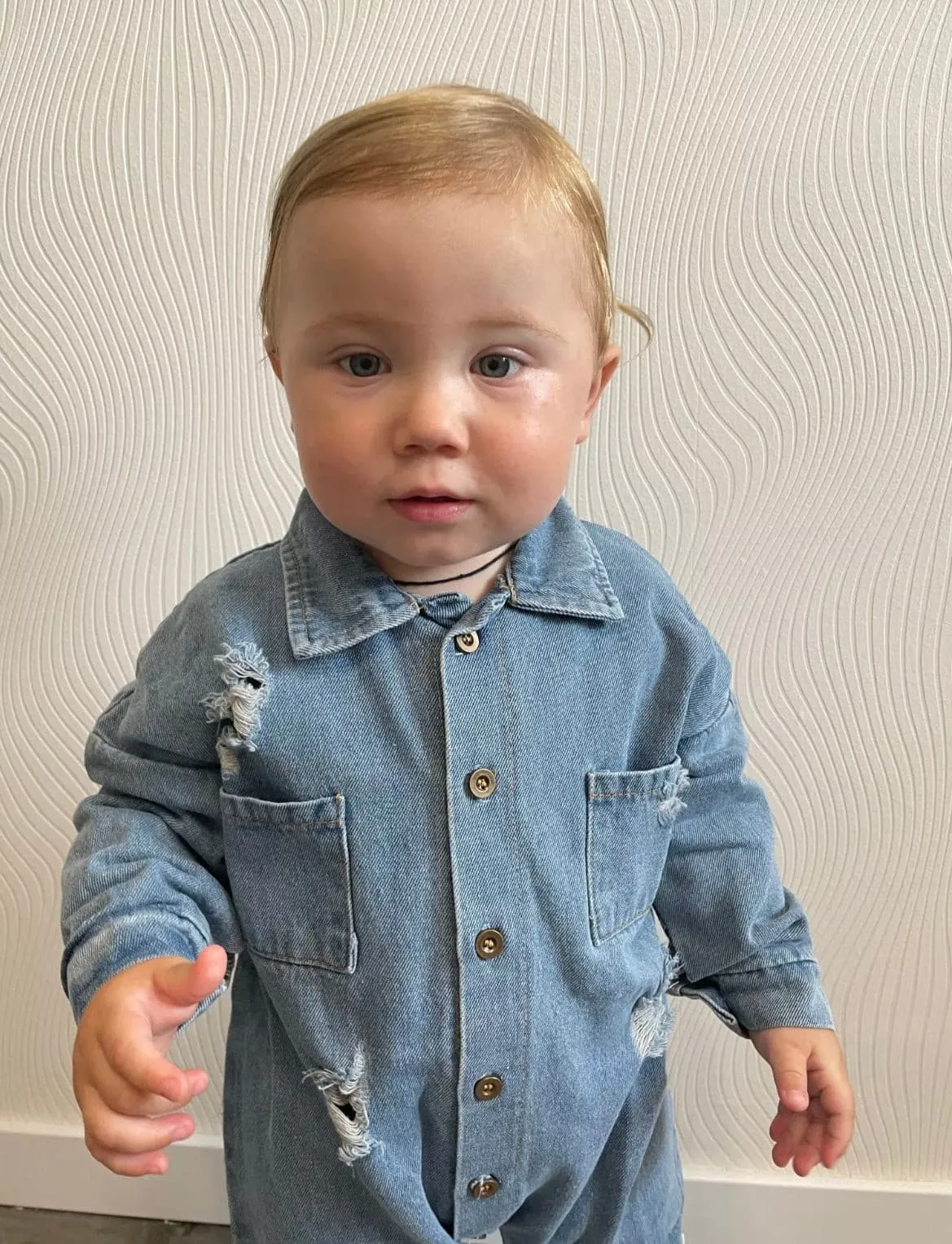 Distressed Denim Long Sleeve Romper