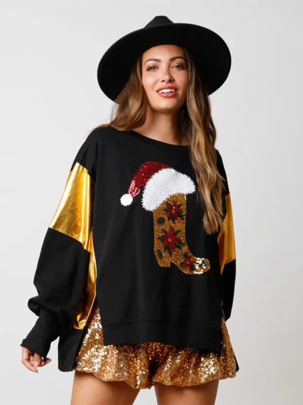 Festive Sequin Stocking Sweatshirt Santa Sweater