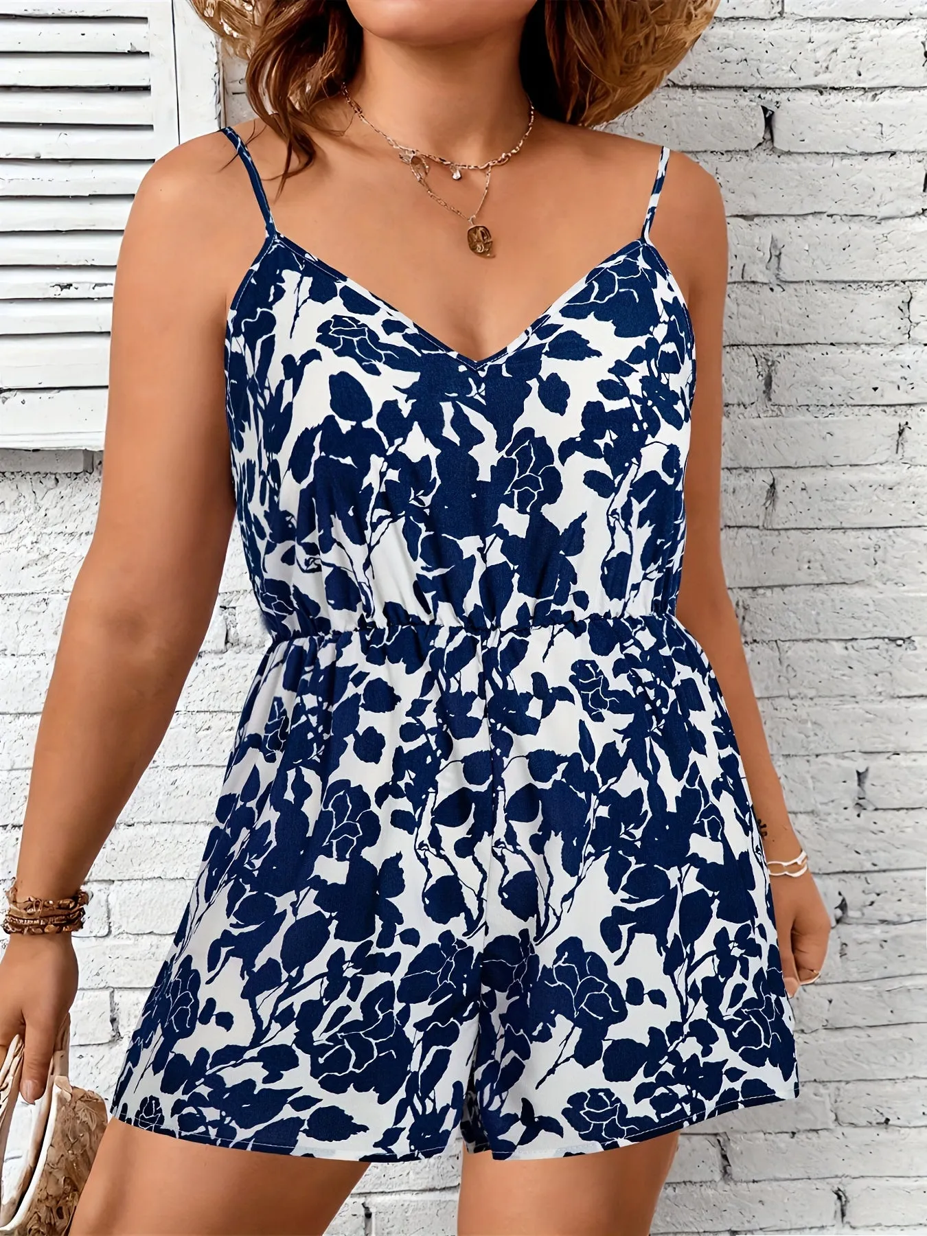 Floral Elegance Women's Plus Allover Floral Print Wide Leg Cami Romper
