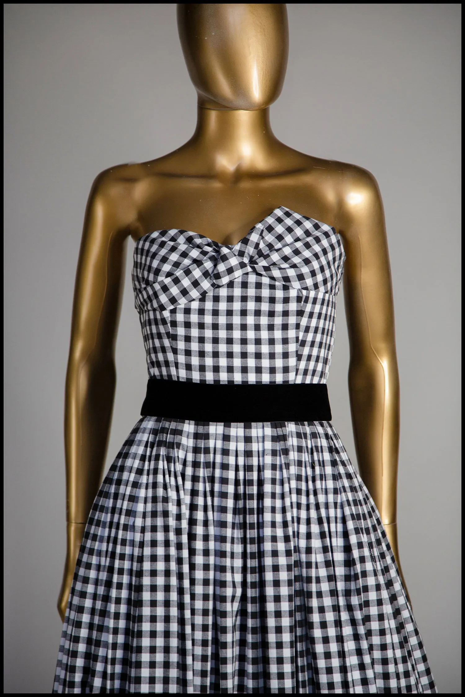 Gingham - Black and White Cotton Ballgown Dress - S