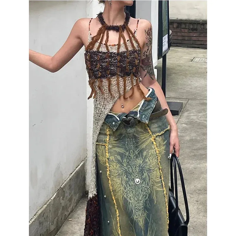 High Waist Tassels Denim Skirt Baggy Vintage Pants with Gradient Design
