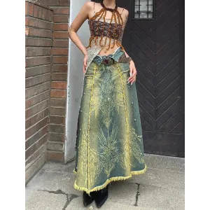 High Waist Tassels Denim Skirt Baggy Vintage Pants with Gradient Design