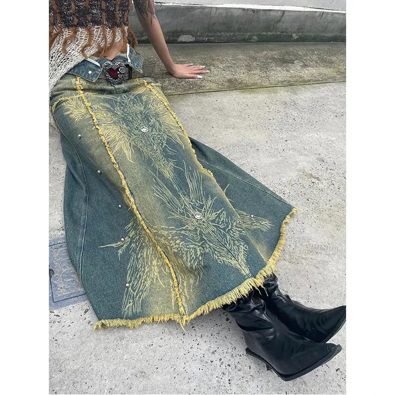 High Waist Tassels Denim Skirt Baggy Vintage Pants with Gradient Design