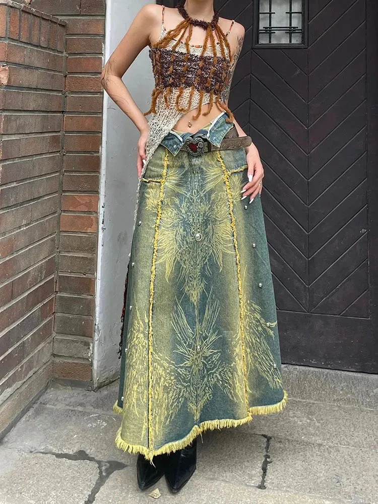 High Waist Tassels Denim Skirt Baggy Vintage Pants with Gradient Design