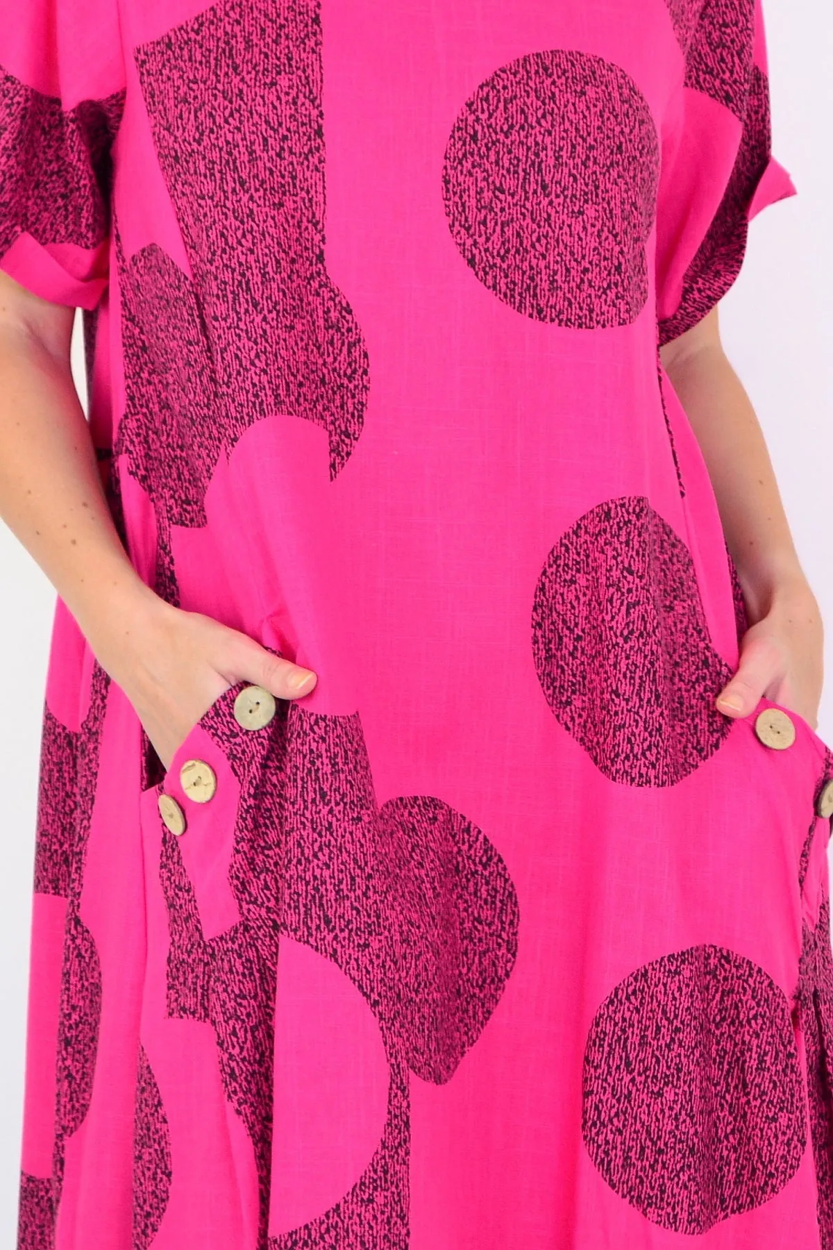 Hot Pink Black Circle Cotton Linen Tunic Dress