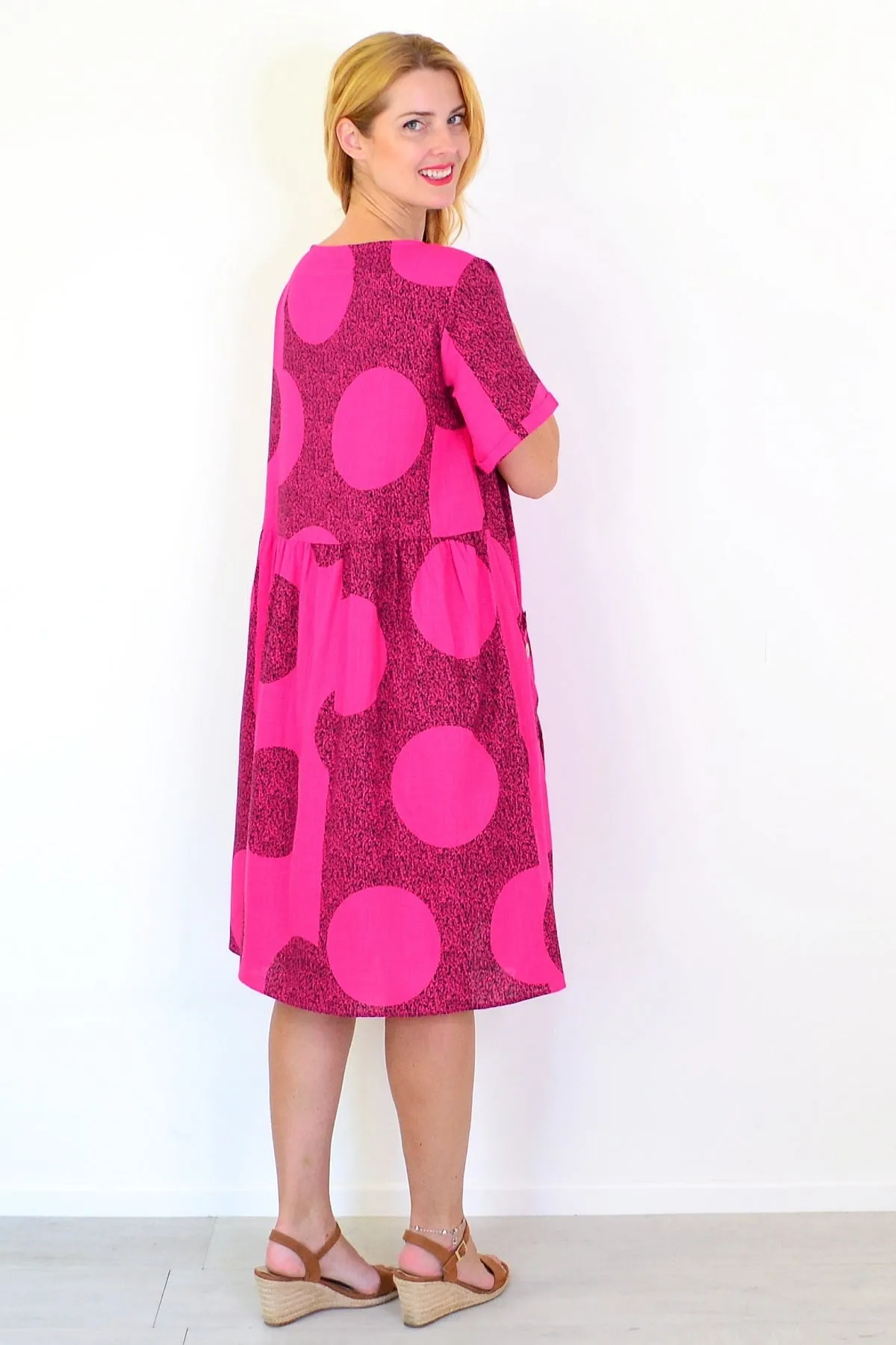 Hot Pink Black Circle Cotton Linen Tunic Dress