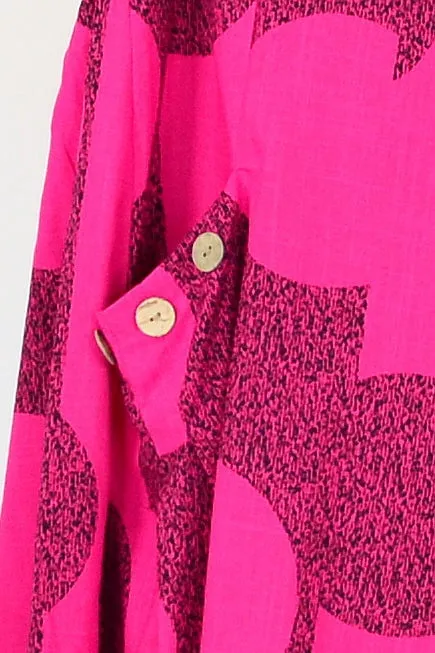 Hot Pink Black Circle Cotton Linen Tunic Dress