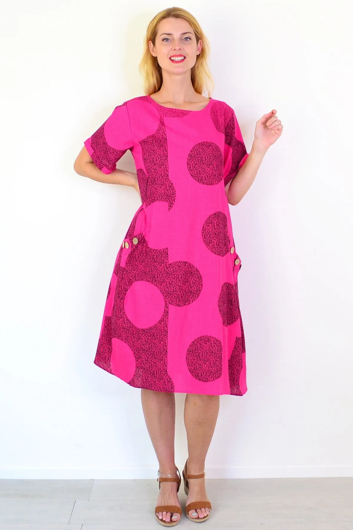 Hot Pink Black Circle Cotton Linen Tunic Dress