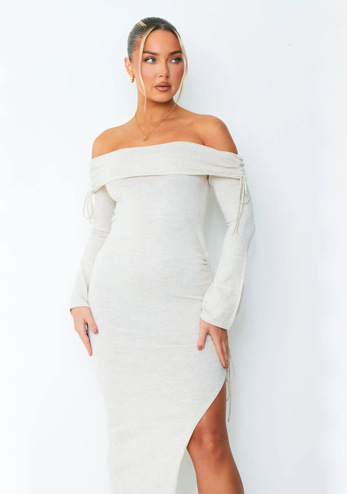 Jessy Beige Fold Over Side Ruched Midi Dress
